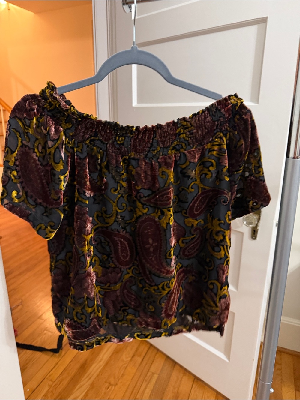 Velvet Paisley Off-Shoulder Blouse in Burgundy and Mustard